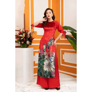 ÁO DÀI NHUNG NHÁM IN HỌA TIẾT TAY CỘT NƠ(HÀNG THIẾT KẾ)