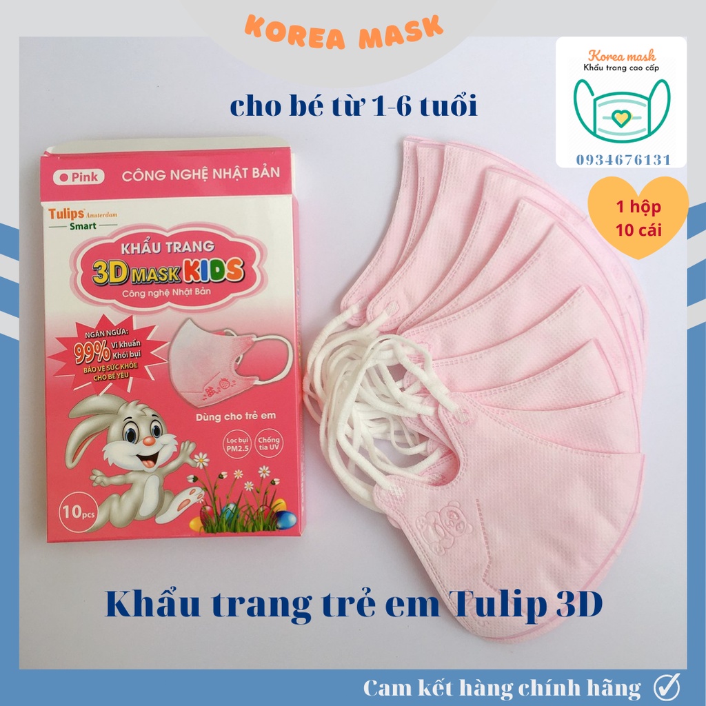 Khẩu trang trẻ em 3D Mask Tulips 4 Lớp kháng khuẩn Hộp 10 Cái cho bé từ 1 đến 6 tuổi