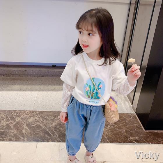áo thun bé gái dài tay mùa xuân hè 2020 mới cho trẻ em trung và nhỏ áo lưới trẻ em nổi tiếng phong cách Hàn Quốc Áo sơ m
