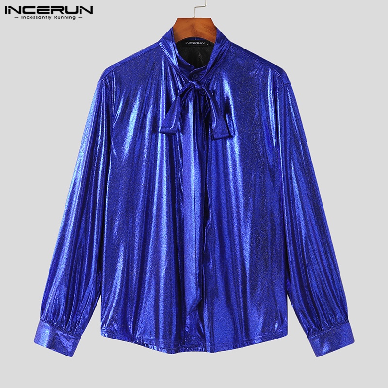 INCERUN Áo Sơ Mi Dài Tay Thắt Dây Họa Tiết Bướm Ánh Kim Sáng Bóng Cho Nam