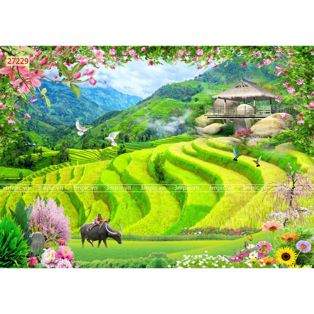 Tranh dán tường 3d phong cảnh thiên nhiên trang trí phòng khách chất liệu decal pp keo sẵn bóc dán atk10