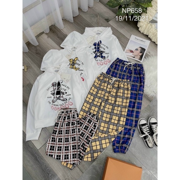 sét bộ thể thao quần caro kate phối áo thun nón cute