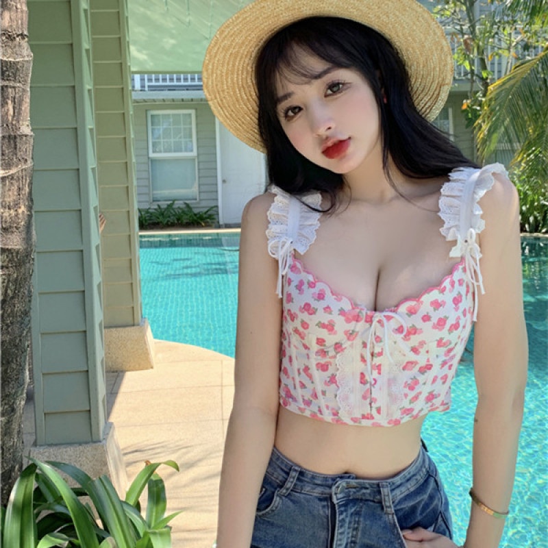 Áo Hai Dây Cổ Chữ V Phối Ren Hoa Phong Cách Quyến Rũ