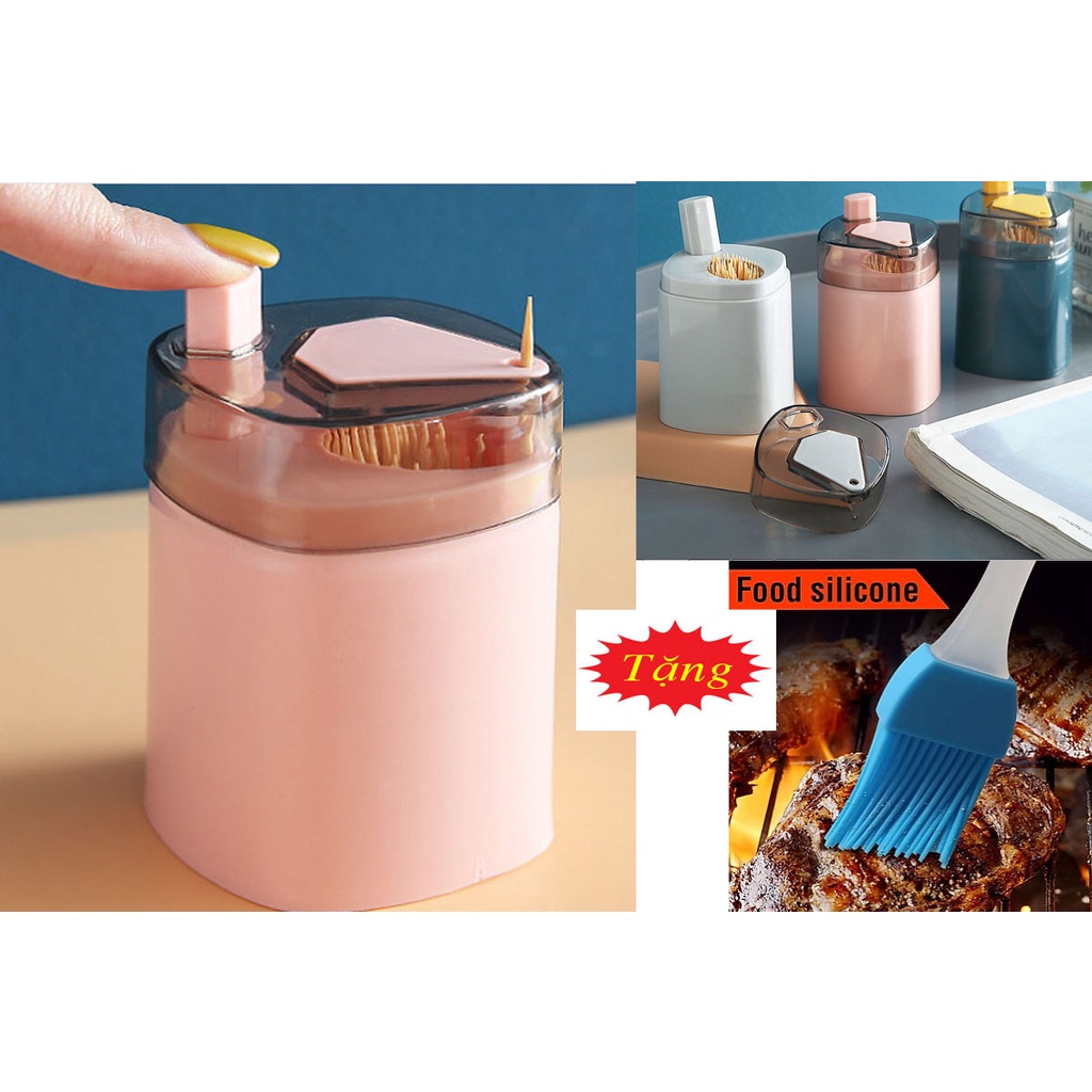 Hộp/Hủ/Lọ Đựng Tăm Xỉa Răng Thông Minh Có Nút Nhấn Tự Động Bật Tăm Lên-Tặng cọ quét silicone đa năng