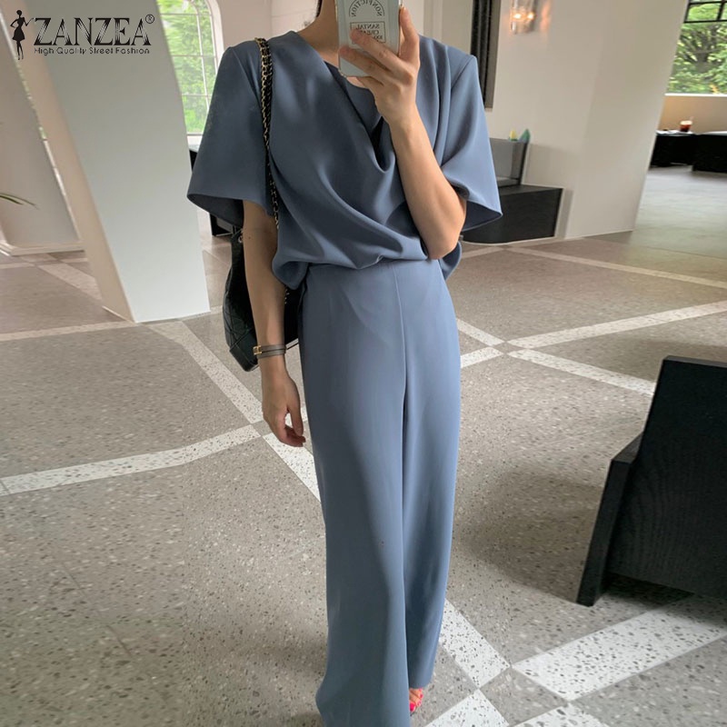 Set Zanzea áo thun ngắn tay cổ tròn + quần short ống rộng thời trang Hàn Quốc cho nữ
