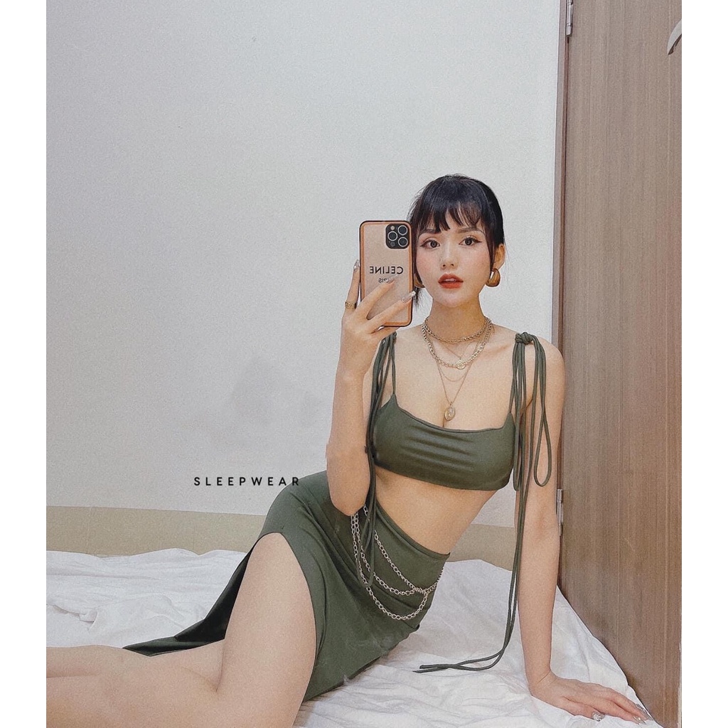 Set bikini đi biển kèm váy dài xanh rêu xẻ đùi siêu xinh S11