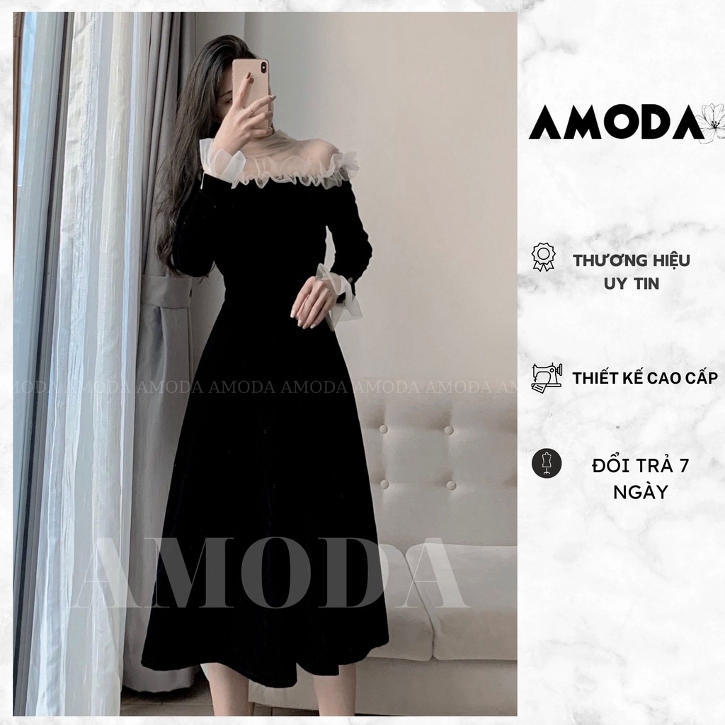Váy đầm nữ váy thiết kế dự tiệc dài tay dáng dài tiểu thư nhung cao cấp AMODA VD002