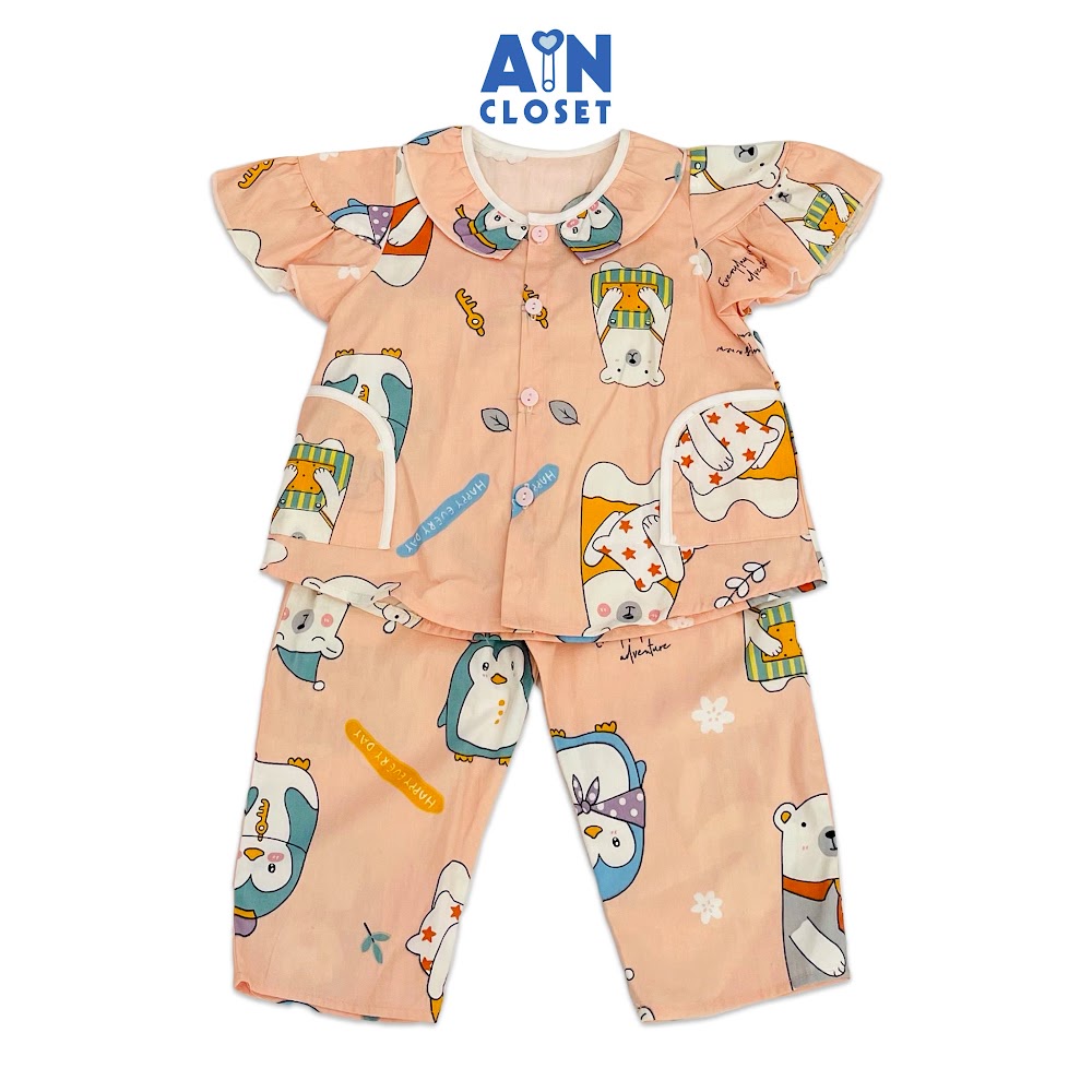 Bộ quần áo dài tay ngắn bé gái họa tiết Gấu Trắng nền cam cotton - AICDBGJR93BO - AIN Closet