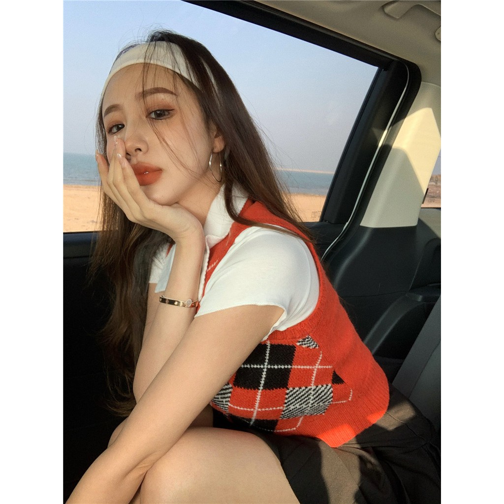 Cocory vn Áo không tay cổ chữ V kẻ sọc caro thời trang vintage cho nữ | BigBuy360 - bigbuy360.vn