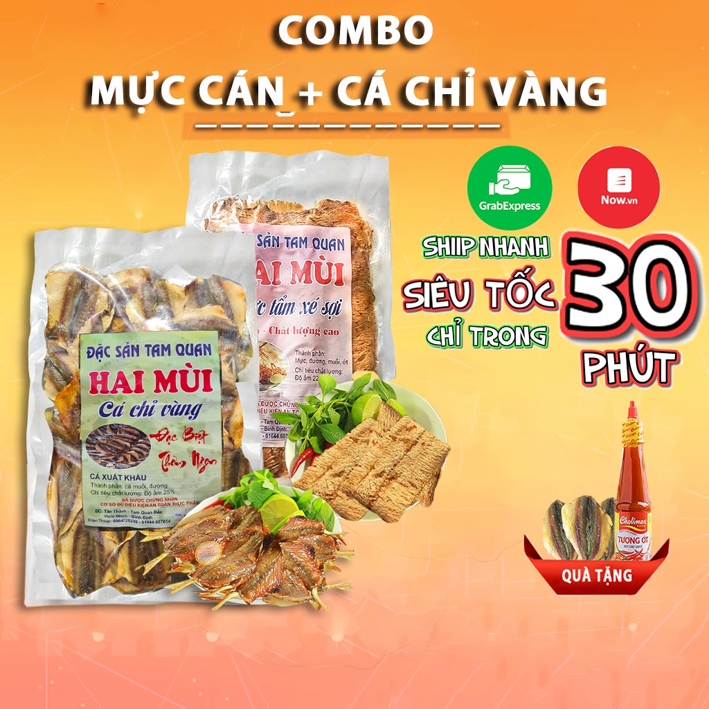 [COMBO QUÀ TẶNG]  Khô Cá Chỉ Vàng + Mực Cán Nguyên Con Mực Xé Sợi Hải Sản Khô 1 Nắng Chuẩn Vị Miền Trung