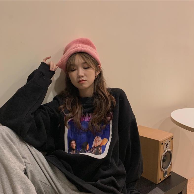 Áo khoác hoodie tay dài dáng rộng in họa tiết phong cách Hàn Quốc cho nữ 【77】