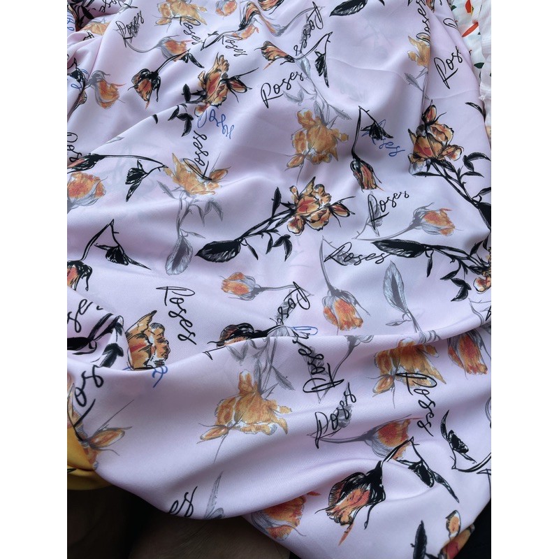 vải lụa hàng châu cành hồng phối chữ may sơ mi,váy,bộ