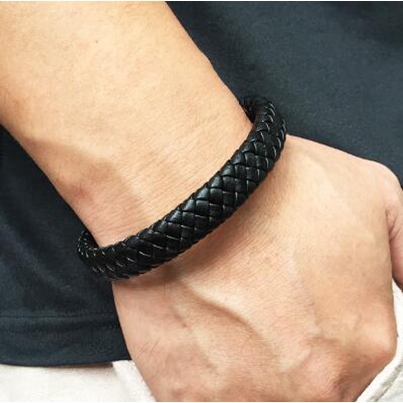 Vòng tay da bện tay màu đen cho nam