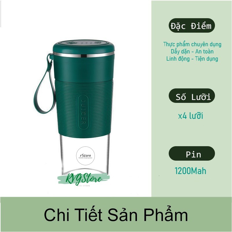 Máy xay sinh tố mini JUICER Dao 4 Lưỡi Cốc Thủy Tinh 3000 mAh - Hàng loại 1 Cao cấp