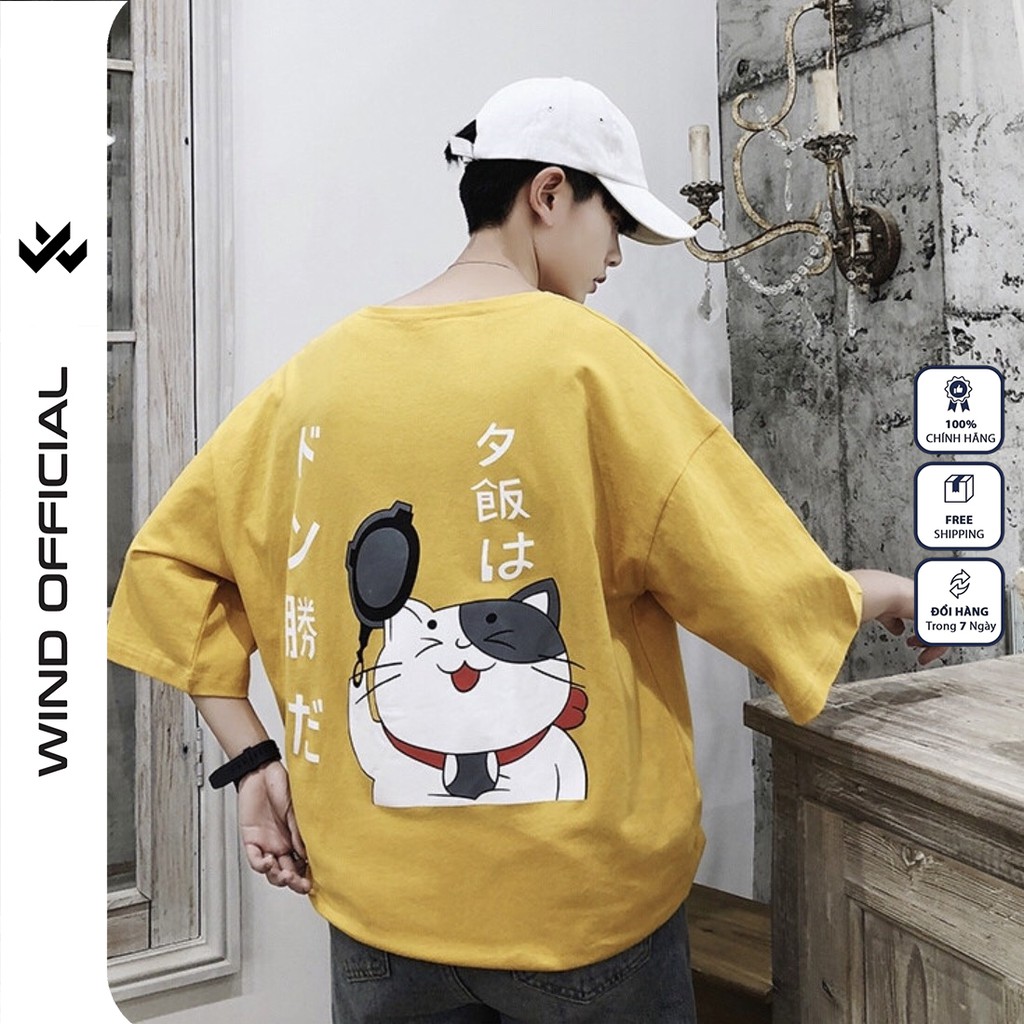 Áo thun tay lỡ WIND phông unisex form rộng Mèo Cầm Chảo nam nữ oversize ulzzang