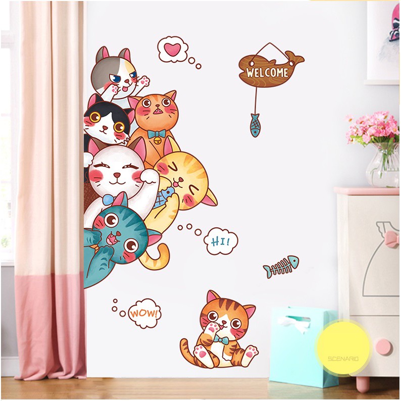 Decal dán tường Mèo welcome A84 - Decal dán tường Hàn Quốc