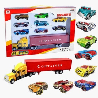 Đồ chơi xe container đầu kim loại kèm 8 xe con