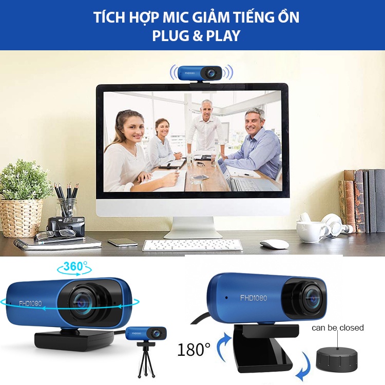 [1080P, Micro] Webcam Ultra Full HD C80 Kèm Micro, Lấy Nét Tự Động, Xoay 360 Độ, Phù Hợp Hội Nghị