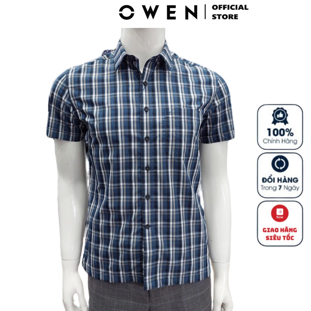 Áo Sơ Mi Nam Ngắn Tay Owen BA22702NT Somi Cộc Tay Công Sở Cao Cấp Kẻ Caro Xanh Xám Sợi Bạch Đàn Dáng Body Fit Tà Bằng