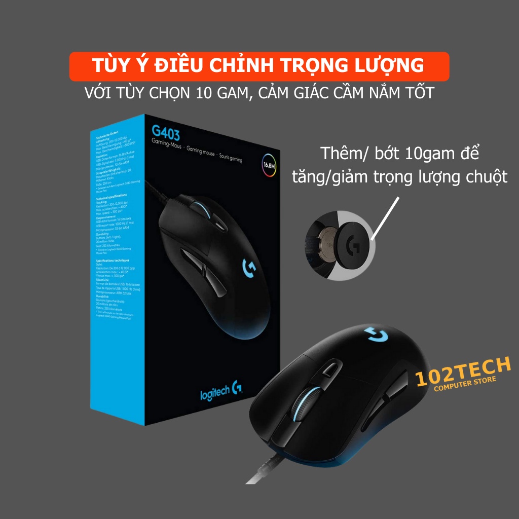 Chuột Máy Tính Gaming RGB Logitech G403 Có Dây, Chức Năng Click Chống Ồn, Chuyên Chơi Game LED Đẹp, Công Thái Học
