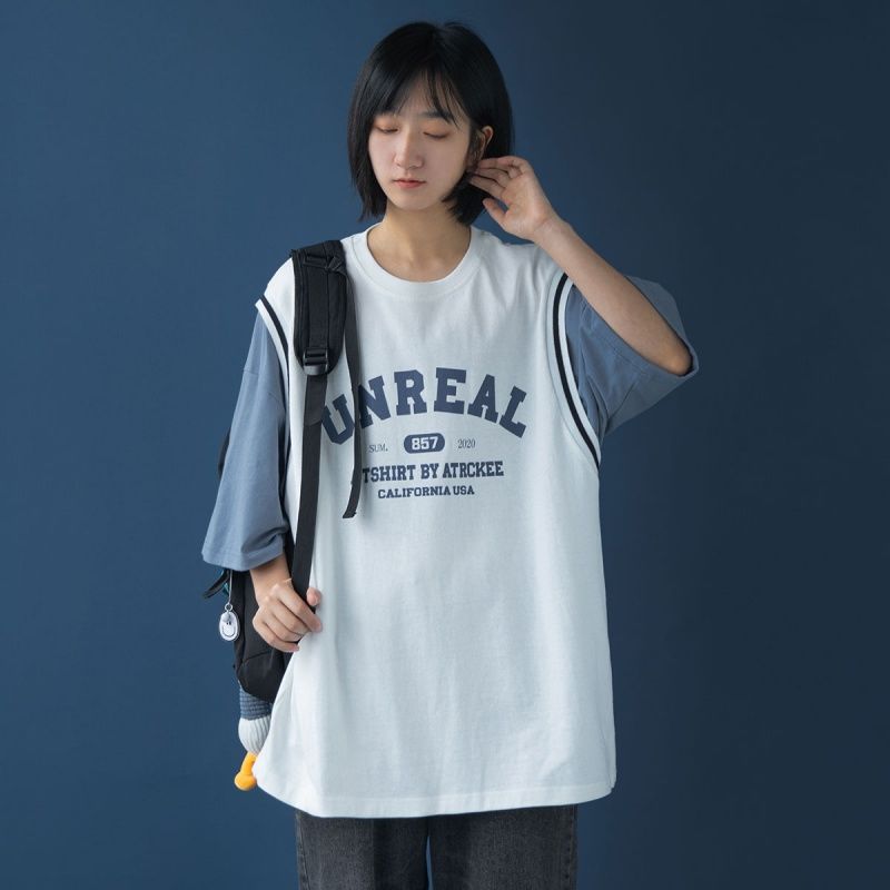 Áo thun dáng rộng tay ngắn giả 2 lớp thời trang cho nữ