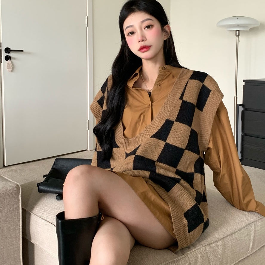 Set áo sơ mi tay dài dáng rộng phong cách retro + áo ghi lê thời trang mùa thu mới 2021 (có bán lẻ)