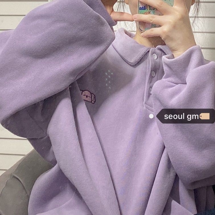 ÁO POLO NỈ LÓT BÔNG IN GẤU KOALA MÀU TÍM ULZZANG FORM RỘNG | BigBuy360 - bigbuy360.vn