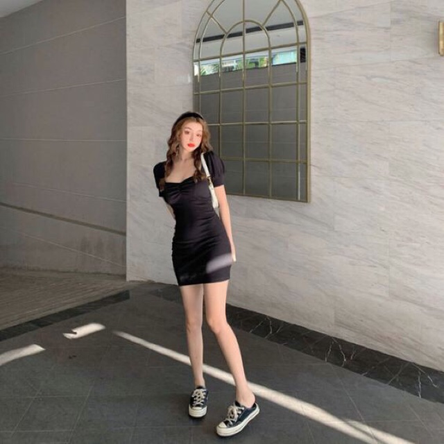 Váy body cổ vuông zip co giãnFreeshipkèm video ảnh thật