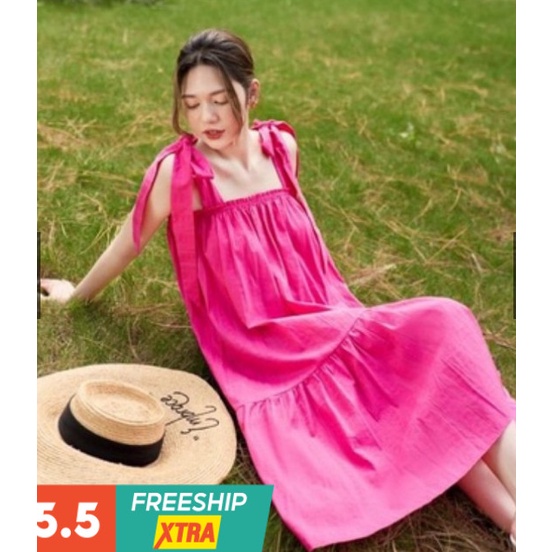 Váy bầu babydoll dáng dài 2 dây bản to thắt nơ form rộng Đầm bầu hai dây maxi 2 tầng buộc dây trơn suông cực xinh