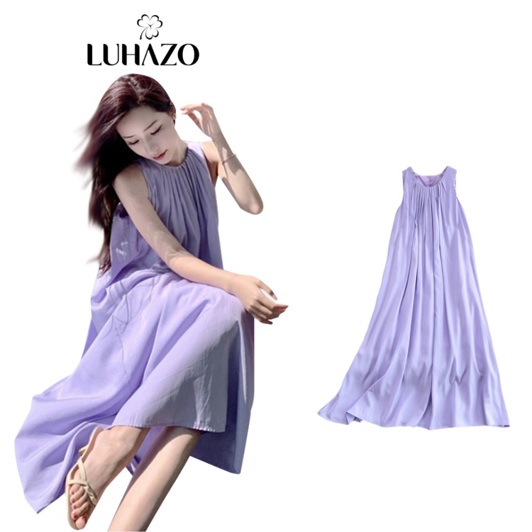 Váy đi biển nữ LUHAZO đẹp maxi 2 dây dáng dài rộng bigsize màu tím vintage cổ vuông babydoll hở lưng 6213 DK1T101