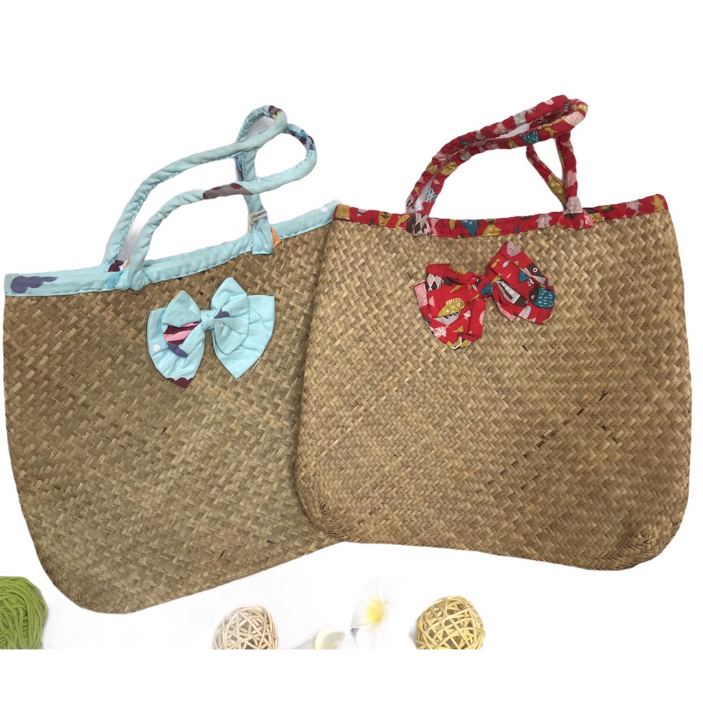01 Túi Cói Quai Vải Phối Họa tiết Nơ Xinh Xắn Kích Và Đáng Yêu Thước 45cm*45cm( dài * ngang) * dài Quai 25cm