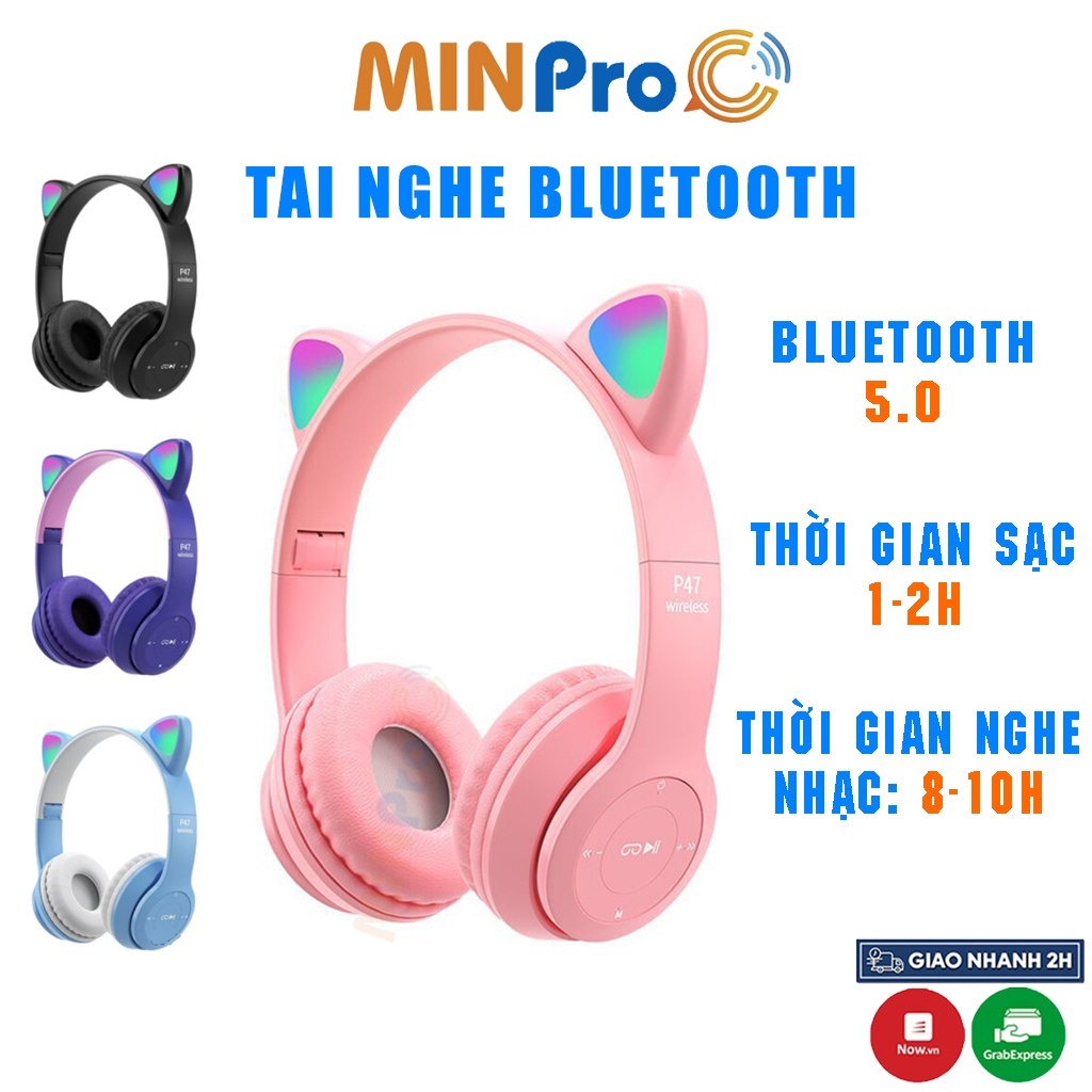 Tai nghe chụp tai mèo MINPRO bluetooth 5.0, Headphone tai mèo 7 màu led phát sáng không dây có mic chính hãng