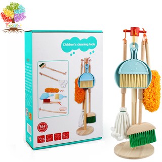 Bộ 6 món đồ chơi dọn vệ sinh nhà cửa TREEYEAR bằng gỗ có thể tháo rời có giá đỡ cho trẻ nhỏ