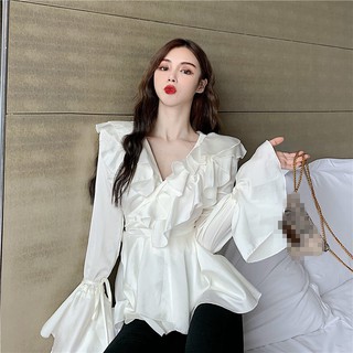 Áo satin vạt chéo bèo cổ