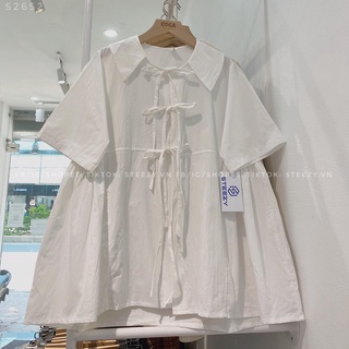 Áo sơ mi thô trắng babydoll dây nơ buộc