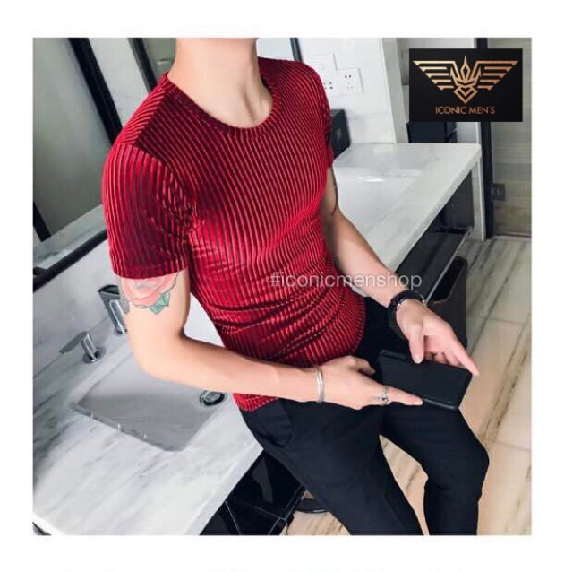 Áo thun nhung nam sọc gân màu đỏ rượu vang