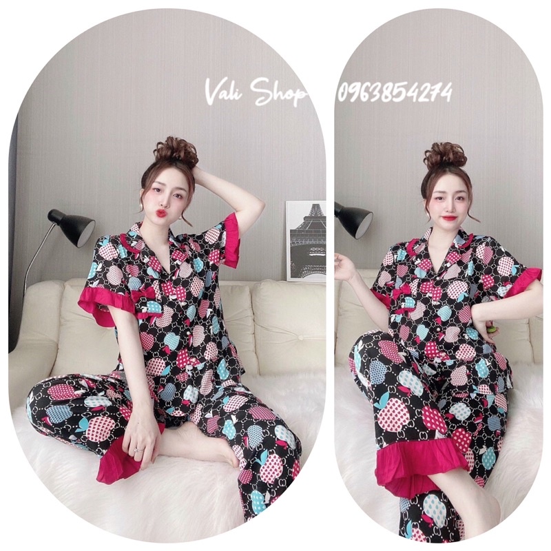 Đồ ngủ mặc nhà lụa mango pijama quần dài hoạ tiết freesize 42- 60kg