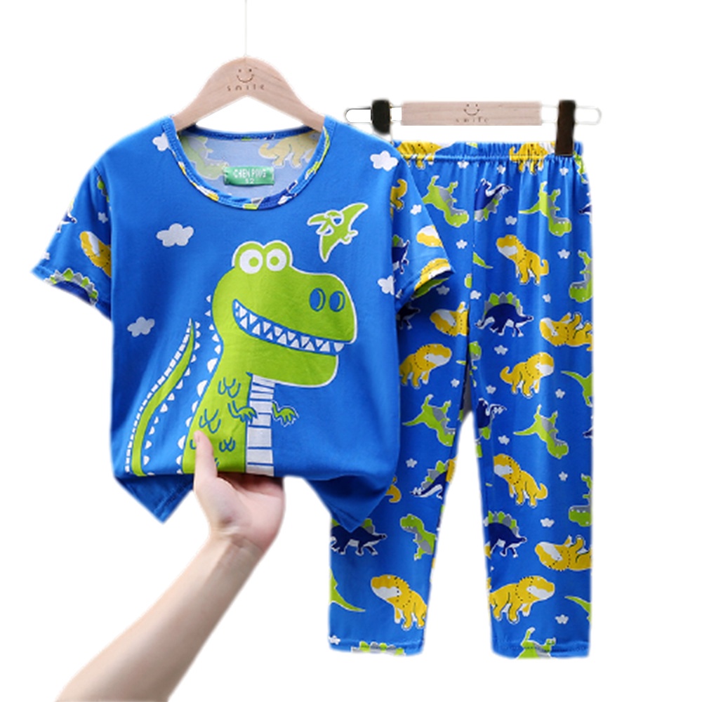 Bộ đồ ngủ cổ tròn in hoạt hình khủng long siêu nhân dễ thương cho bé trai
