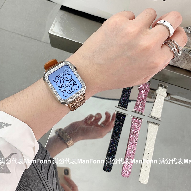 Dây Đeo Bằng Da Đính Kim Cương Giả Chất Lượng Cao 41mm 45mm 38mm 40mm 42mm 44mm Cho iWatch 8 7 6 5 SE 4 3 2
