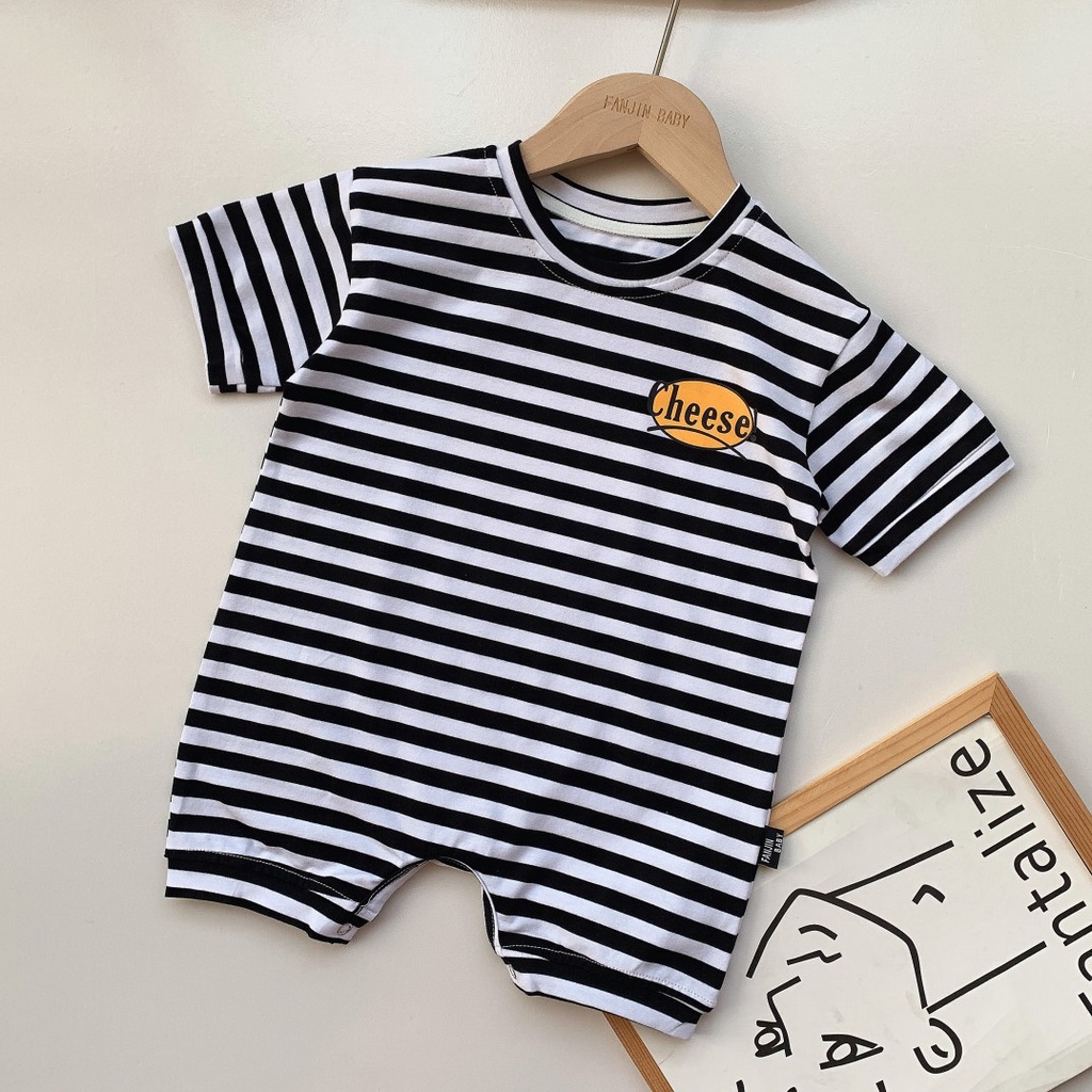 Mới Bộ Áo Liền Quần Kẻ Sọc Ngắn Tay In Hình Mặt Cười Cho Bé Trai