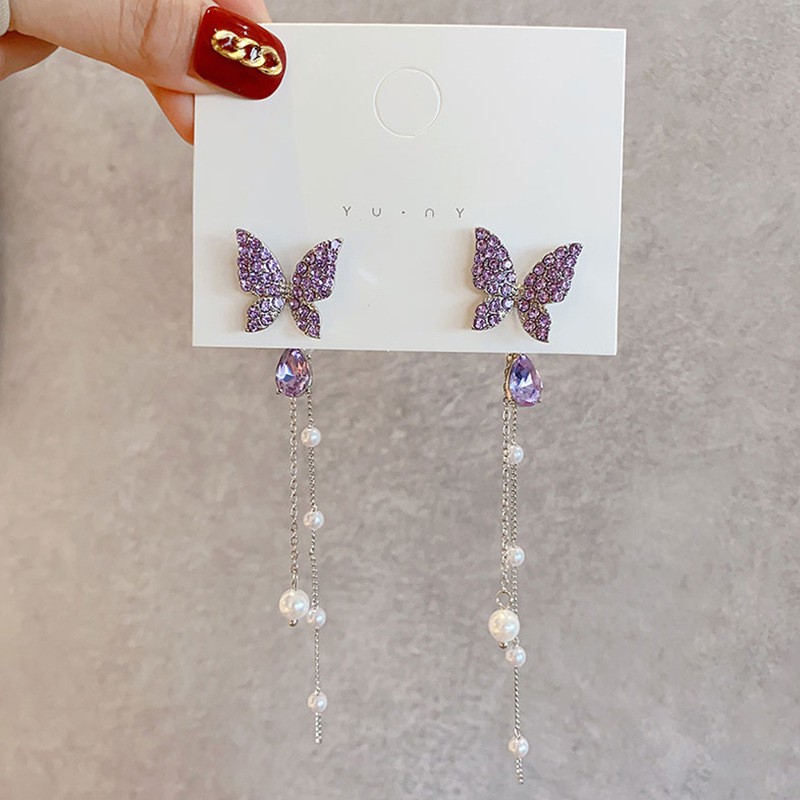 Bông Tai Mạ Bạc 925 Hình Bướm Dáng Dài Đính Đá Sang Trọng