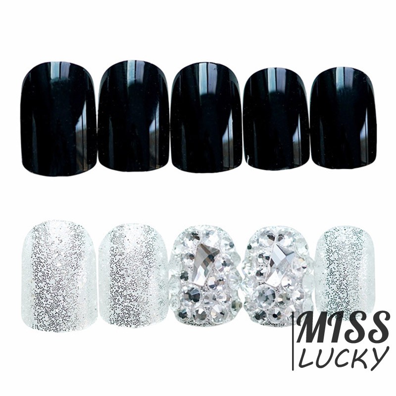 24 móng tay giả màu trơn/đính kim cương giả 3D sành điệu