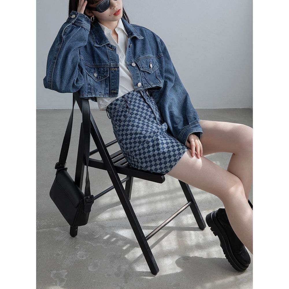 Chân váy jean Chữ A Lưng Cao Họa Tiết Sọc Caro Phong Cách Retro Cho Nữ