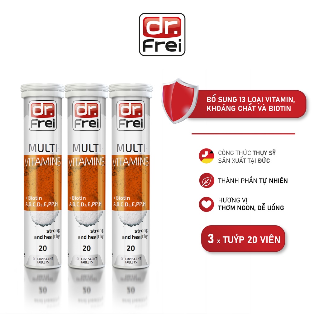 Combo 3 Tuýp Viên sủi Bổ Sung Vitamin Tổng Hợp Dr. Frei Multivitamins & Biotin ( Tuýp 20 Viên)