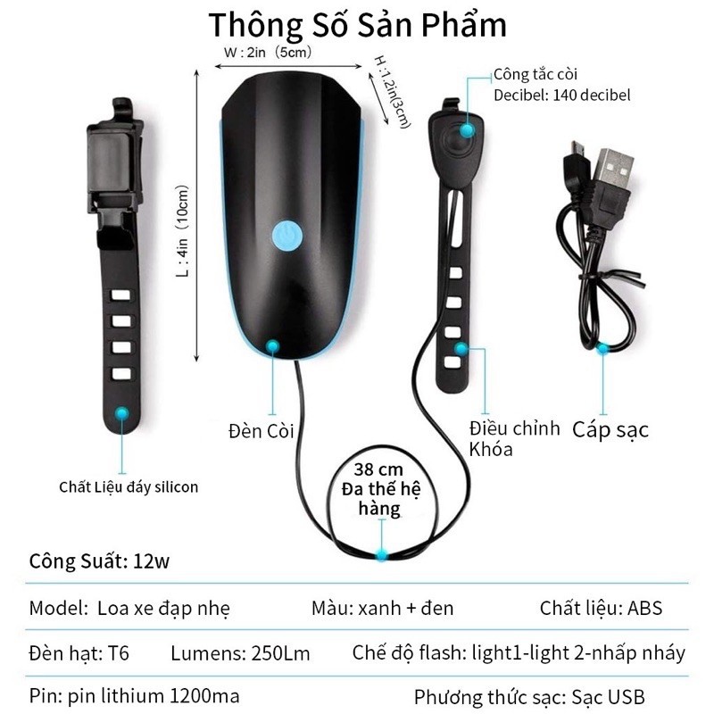 Đèn Led Xe Đạp Kèm Chuông To, Đèn Pha Và Chuông Xe Đạp Chống Nước Tặng Kèm Dây Sạc