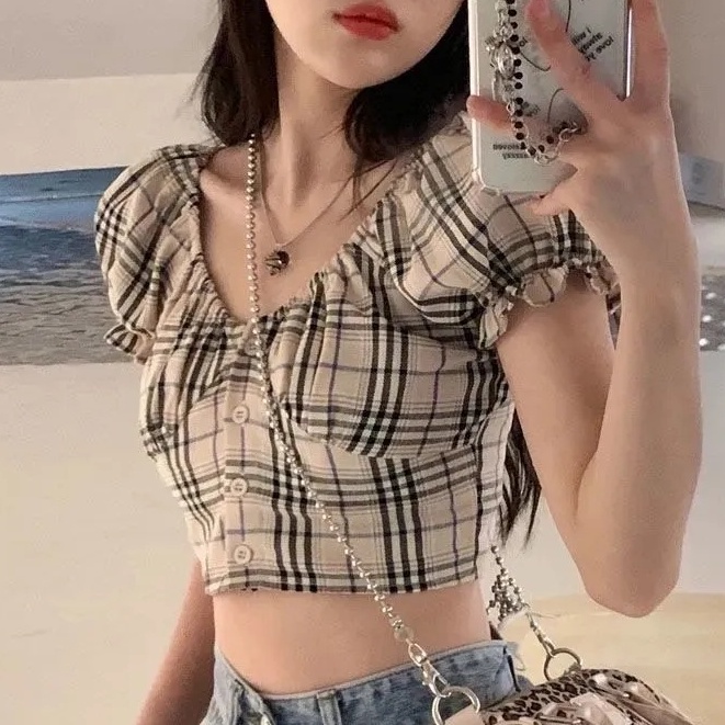 Áo Croptop Trễ Vai Tay Phồng Họa Tiết Sọc Caro Phong Cách Retro Thời Trang Cho Nữ