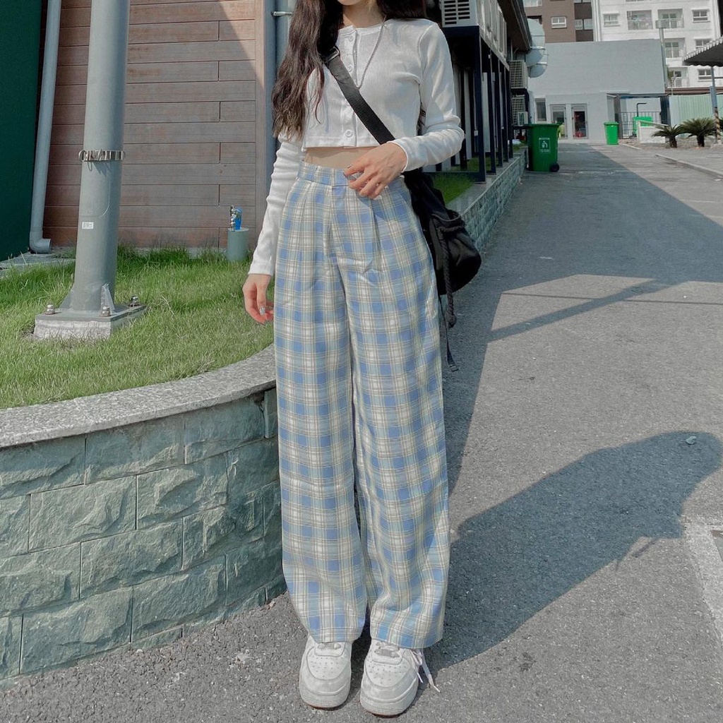 Quần Kẻ Caro LUSI Lưng Cao Ống Suông Dáng Rộng Ulzzang