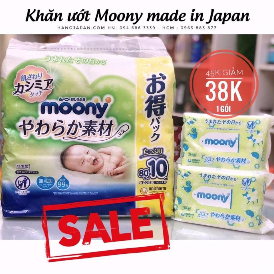 Khăn ướt MOONY Nhật Bản mẫu mới chính hãng (1 bịch 8 gói/ 1 thùng 32 gói)