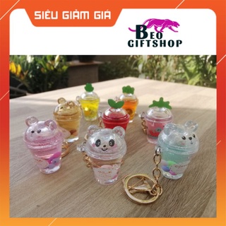 Móc khóa nước ly trà sữa trái cây, gấu cute
