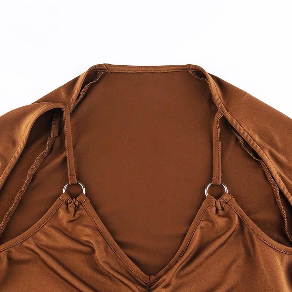 Áo croptop body dài tay Junest  cổ tròn sâu rúm ngực khoét vai RNKV03